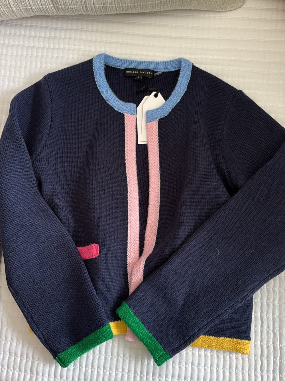 English Factory Navy Cardigan with Pink, Light Blue, Green and Yellow Trim